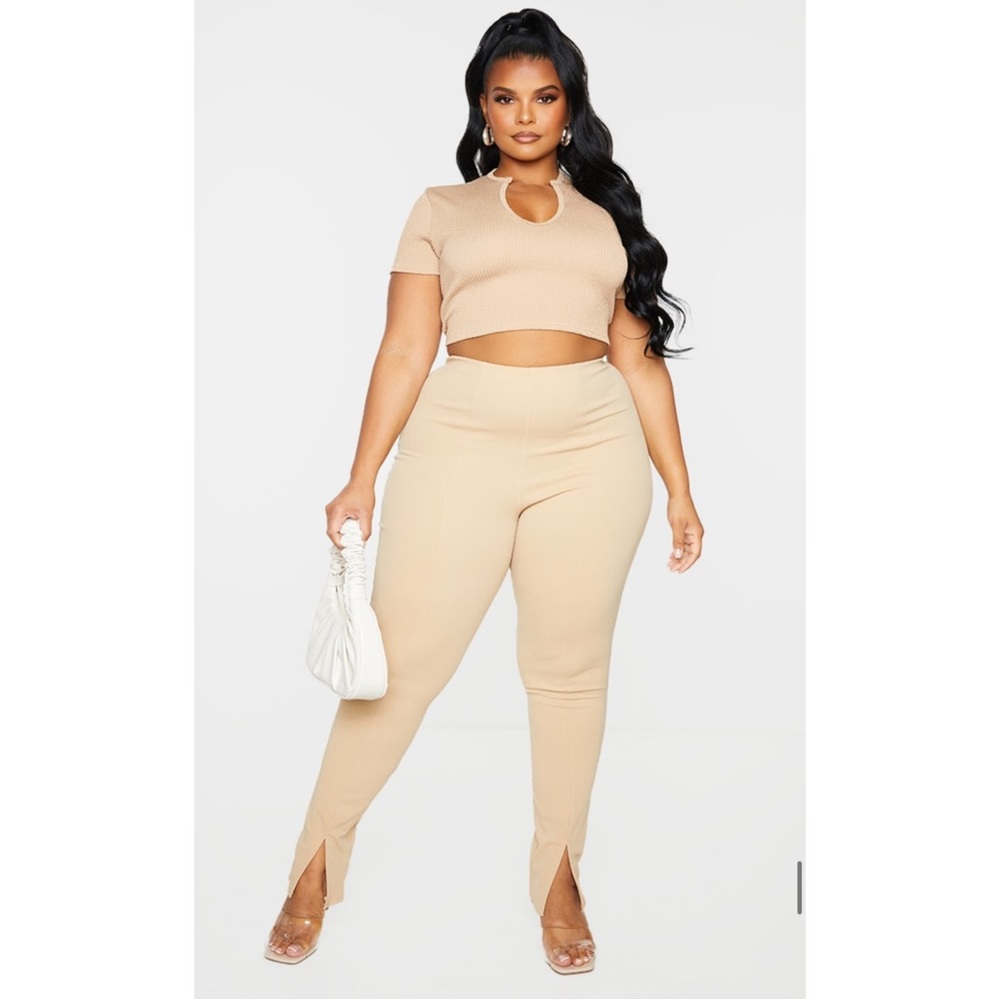 PrettyLittleThing Stone/Cream Front Split Hem Pants